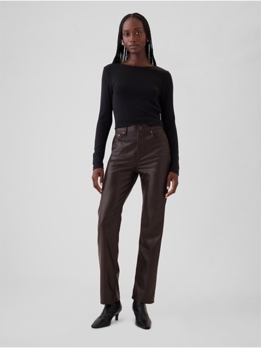 NWT GAP High Rise Vegan Leather '90s Straight Pants Brown Noir 29/8 Short